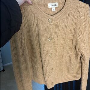 Open Edit Women's Cable Knit Cardigan - Tan